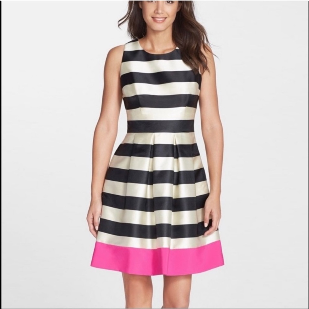 WOW!!!!Eliza J Black and White Striped Fit-and-Flare Dress with Pink Hem